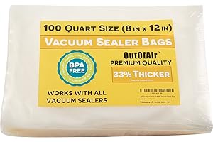 100 Vacuum Sealer Bags: Quart Size (8" x 12") by OutOfAir Works With FoodSaver & Other Machines - 33% Thicker BPA Free, Commercial Grade, 8 x 12 inches