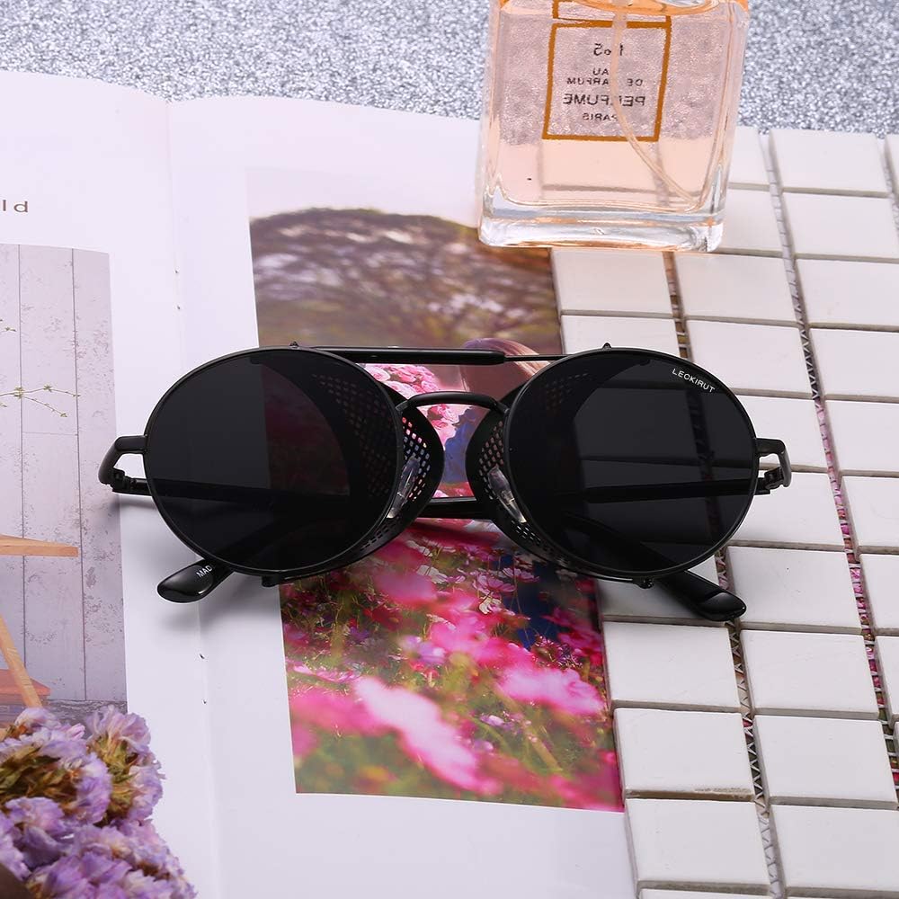 Leckirut Women Men Round Sunglasses Retro Vintage Steampunk Style Mirror Reflective Circle lens Black Frame Gray Lens: Clothing