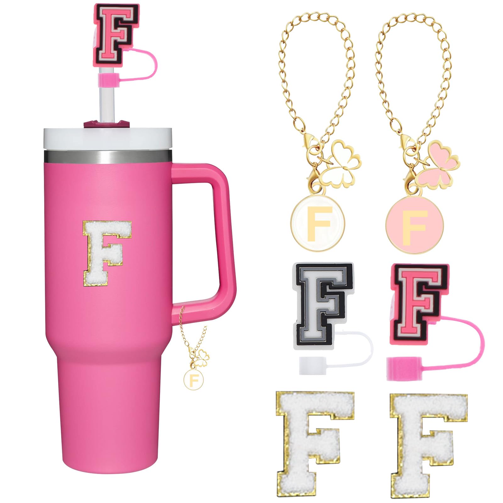 Reusable Straw Cover for Stanley Cup Accessories, 2Pcs Dustproof Straw Covers with Letter Charms and Personalized Name Stickers(F)