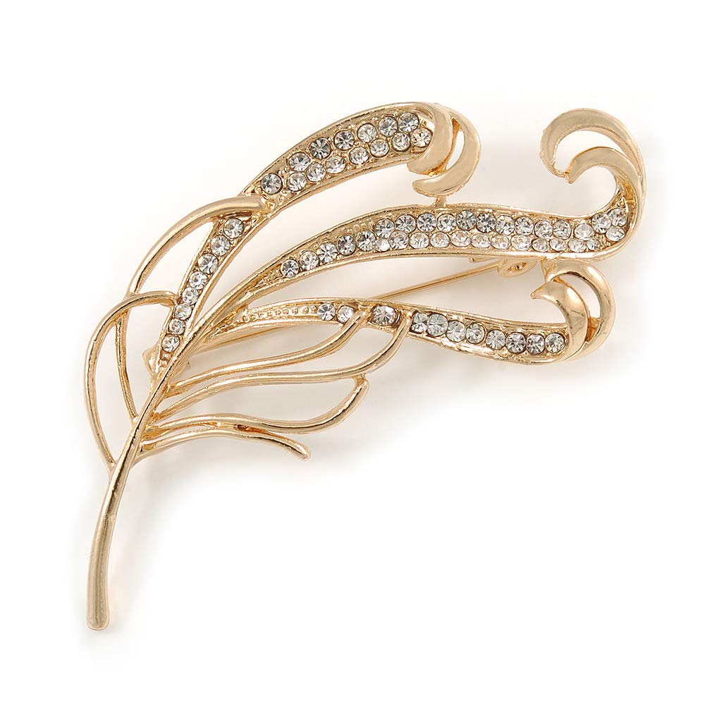 Fancy Clear Crystal Leaf Brooch In Gold Tone - 70mm L