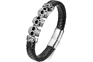 BIYONGDE Mens Black Braided Leather Skull Bangle Bracelet, Stainless Steel Three Skull ID Identification, Gothic Punk Rock