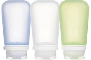 humangear GoToob+ 3-Pack (Large) | Refillable Silicone Travel Bottle | Locking Lid | Food-Safe Material, Clear/Green/Blue, Large (3.4 fl.oz.; 100ml)