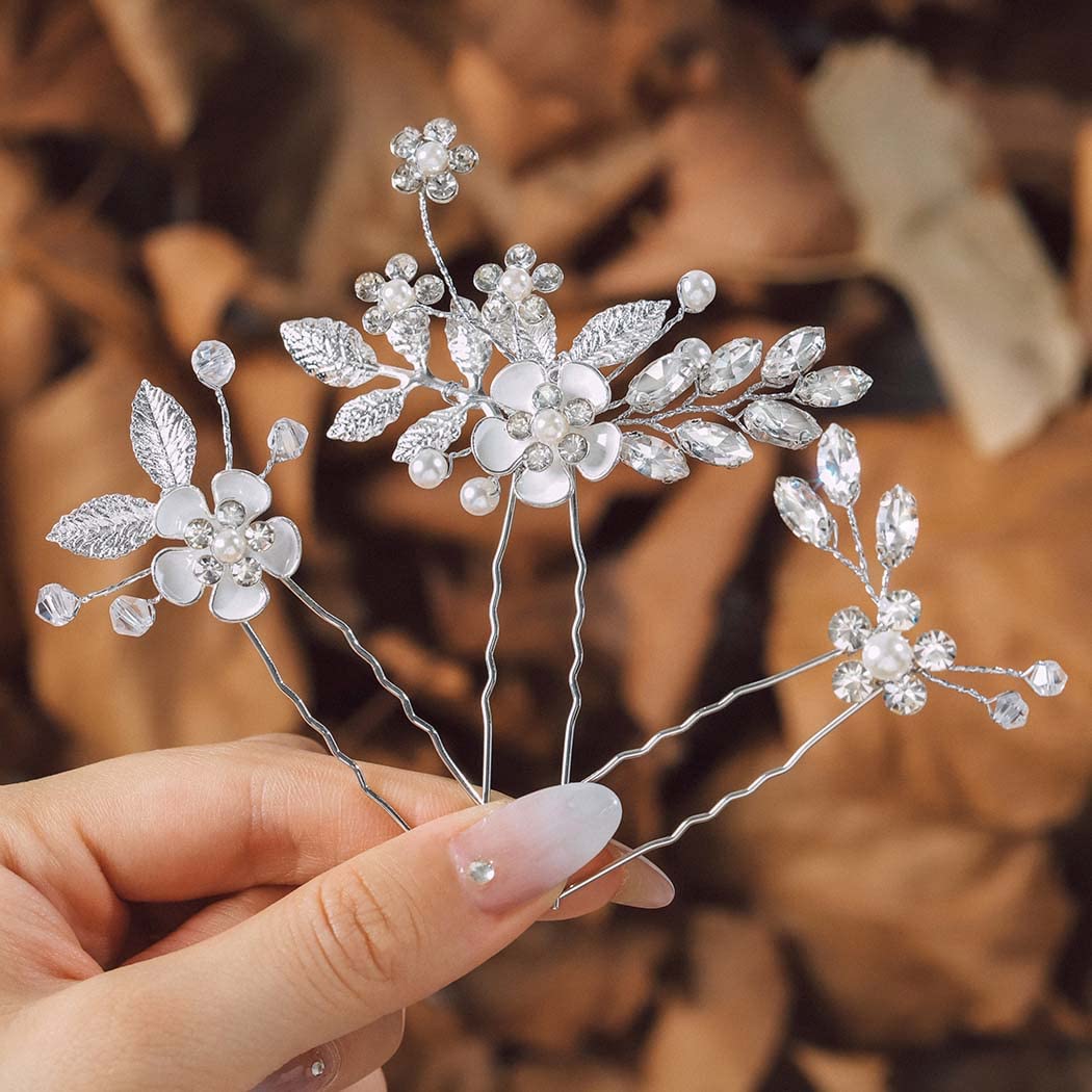 IYOU Crystal Wedding Hair Pins Silver Flower Bridal Hair Pieces Communion Bride Hair Accessories for Women(Pack of 3)
