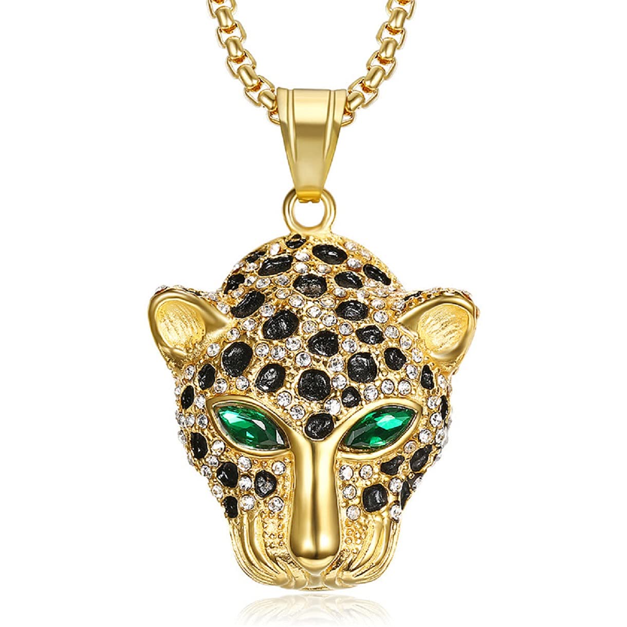MayiaHey Iced Out Leopard Head Necklace for Men, Boys - Gold, Stainless Steel - 24 Inch - Leopard Animal Necklace - Hip Hop, Viking, Scandinavian Style - Unisex - No Gemstone