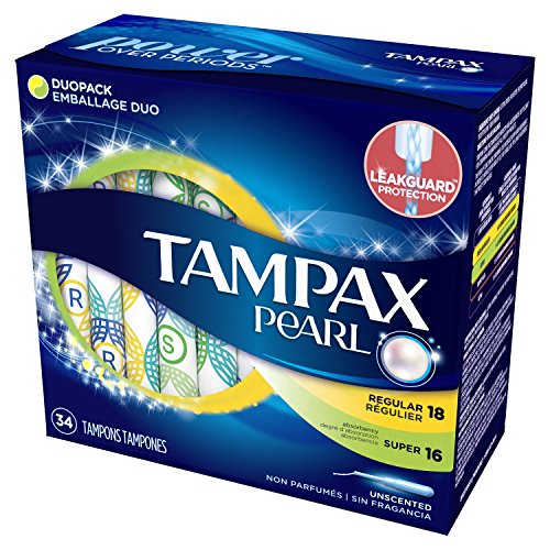 Tampax Regular/Super Absorbency Pearl Plastic Tampons Duo Pack, 34 Count