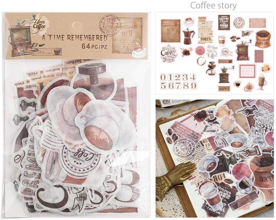 MODEOR Vintage Ephemera Pack,Multiple Themes Vintage Die Cuts 64 PCS Washi Self Adhesive DIY Wall Stickers Ephemera for Scrapbooking/Letters/Notebook/Card/Photo Frame/Cup. (Coffee Story)