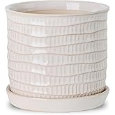 Chubacoo 5.8 Inch Plant Pot: Ceramic Planter with Drainage Hole & Saucer for Indoor Outdoor Plants - Flowerpot with Bonded Tray for Home Office - Wave Embossed