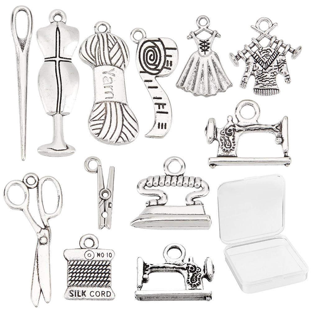 SUNNYCLUE 1 Box 72Pcs 12 Styles Tibetan Style Sewing Theme Charms Clip Needle Sweater Scissors Alloy Pendants Jewellery Dangles for DIY Earring Necklace Bracelet Jewellery Making Keychain Decor
