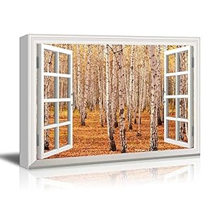 Creative Window View Canvas Prints Wall Art - Autumn Birch Forest - 24" x 36"