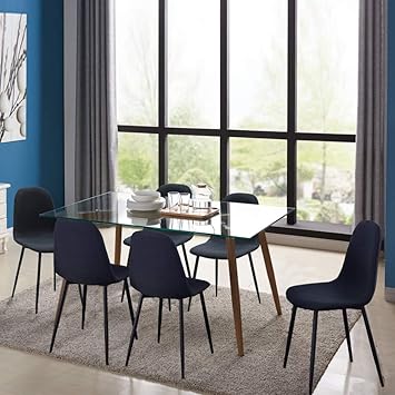 Amazon Com Ids Home Mid Century Clear Glass Dining Room Table Furniture Set For 4 6 Fabric Chairs With Sturdy Metal Leg 7 Pieces Set Black Table Chair Sets