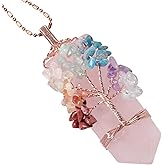 TUMBEELLUWA 7 Chakra Tree Pendant Necklace for Unisex, Copper Wire Wrapped 6-faceted Crystal Stone Point Pendant Amulet for Reiki Healing
