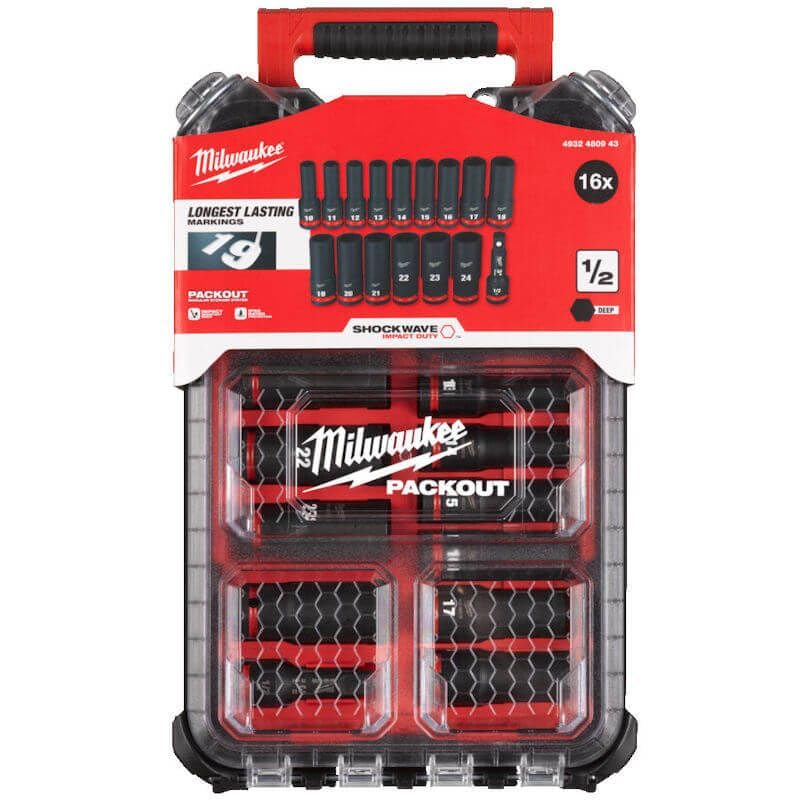 Milwaukee Shockwave 4932480943 Impact Socket Set 1/2 Inch Long in Packout Organiser 16 Pieces