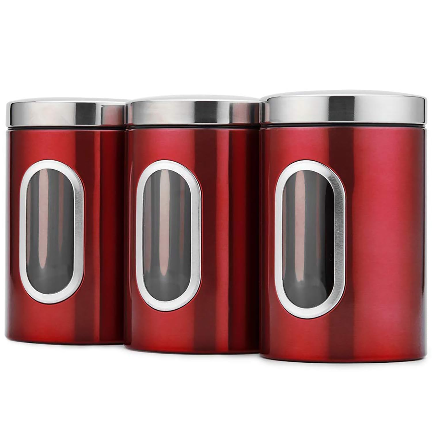 JENNIMER 3PC Kitchen Canister Sugar Food Tea Coffee Candy Storage Jars Stainless Steel with Transparent Windows (Red)