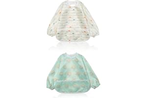 Little Dimsum Mess-Proof Baby Bibs|Infant Toddler Long Sleeve Waterproof Feeding Art Smock|Catching Food & Wipe Clean| Pack of 2 Colors