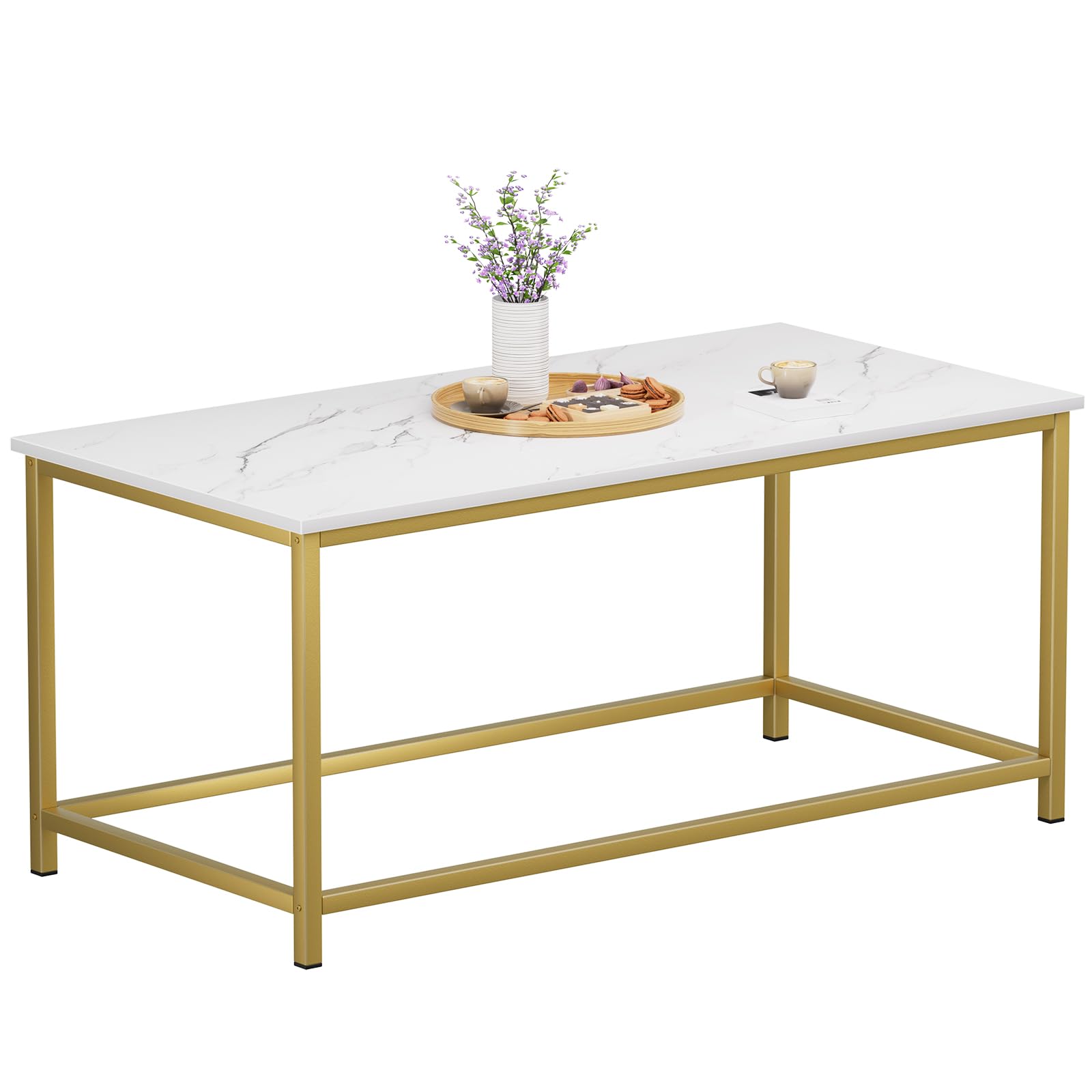 Photo 1 of ***MISSING HARDWARE*** SAYGOER White Faux Marble Coffee Table Simple Modern Rectangular Coffee Tables Open Design Minimalist Center Table for Living Room Office, 39.37 x 19.69 x 17.72, White Gold