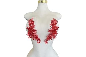 ESOSZNUA Handmade Bodice Rhinestones Applique Sewing Glass Beads Stones Crystal Trim Lace Patches for Dress Clothing Accessories 1pair/Bag 3.1X9.4inches (Red)
