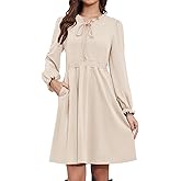 Alaster Queen Women's Fall Long Sleeve Dress Knit Ribbed Tie Front A Line Casual Ruffle Dresses with Pockets