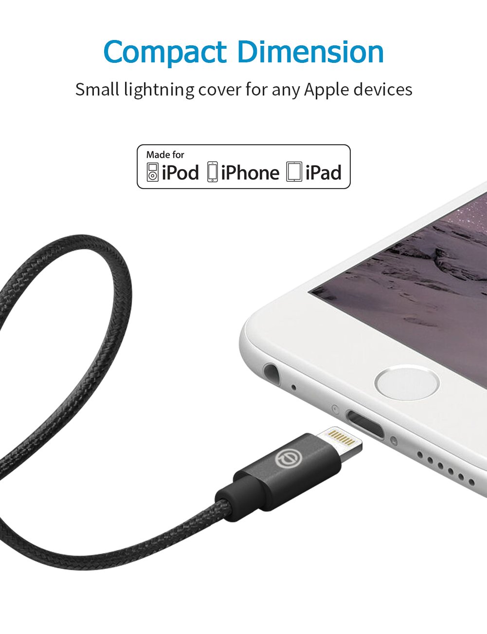 USB Cargador Cable OPSO Lightning Nailon Trenzado 1M [Certificato Apple MFi] para iPhone 7 6s 6 Plus SE 5s, iPad Pro, iPad mini, iPod touch / nano- Negro