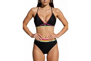 CUPSHE Women's Bikini Sets Two Piece Swimsuit V Neck Halter Strap Bathing Suit Color Block Crisscross Back Self Tie