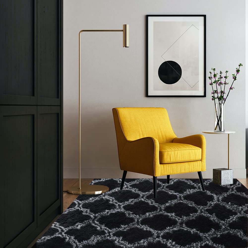 Boshengya High Pile Handmade Area Rug, 5x8 Feet, Reticular Black, Fur, Non Slip, Indoor, Modern Style