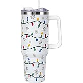 Christmas Tumbler with Handle and Straw Lid 40 oz,Cute Christmas Gifts for Women Xmas Lights Snowflakes Vacuum Insulated Leak Proof Tumbler,Winter Holiday Accessories Stainless Steel Coffee Cup Mug