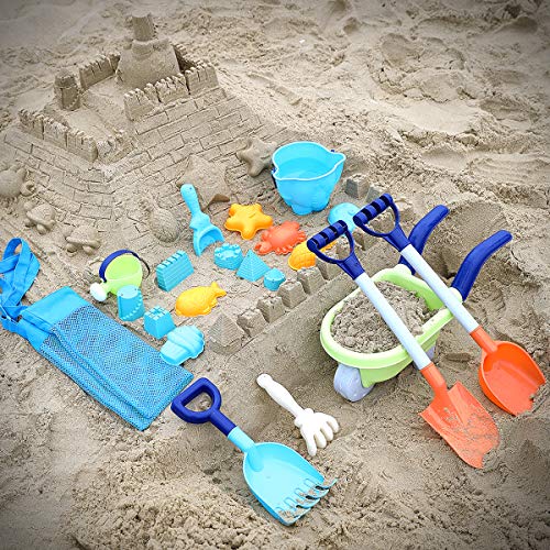 MINGPINHUIUS Beach Toys Kids Boys Beach Sand Toy Set with Barrow Elephant Bucket Two Big Shovels One rake and Mesh Bag Soft Plastic Material (20 pcs)