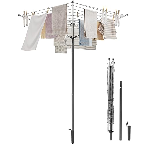SYKIARIOL 3 Arm Rotary Washing Line, 30M Folding Clothes Line, Outdoor Clothes Dryer with Ground Spike and Tie, Heavy Duty Clothes Airer, Non-Slip Washing Lining, Grey