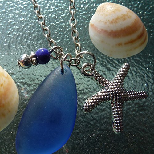Blue cobalt sea glass necklace ocean talisman on a 24" silver color chain with nautical starfish delicate elegant young beach amulet prime aqua handmade seaglass mermaid rears jewelry mascot