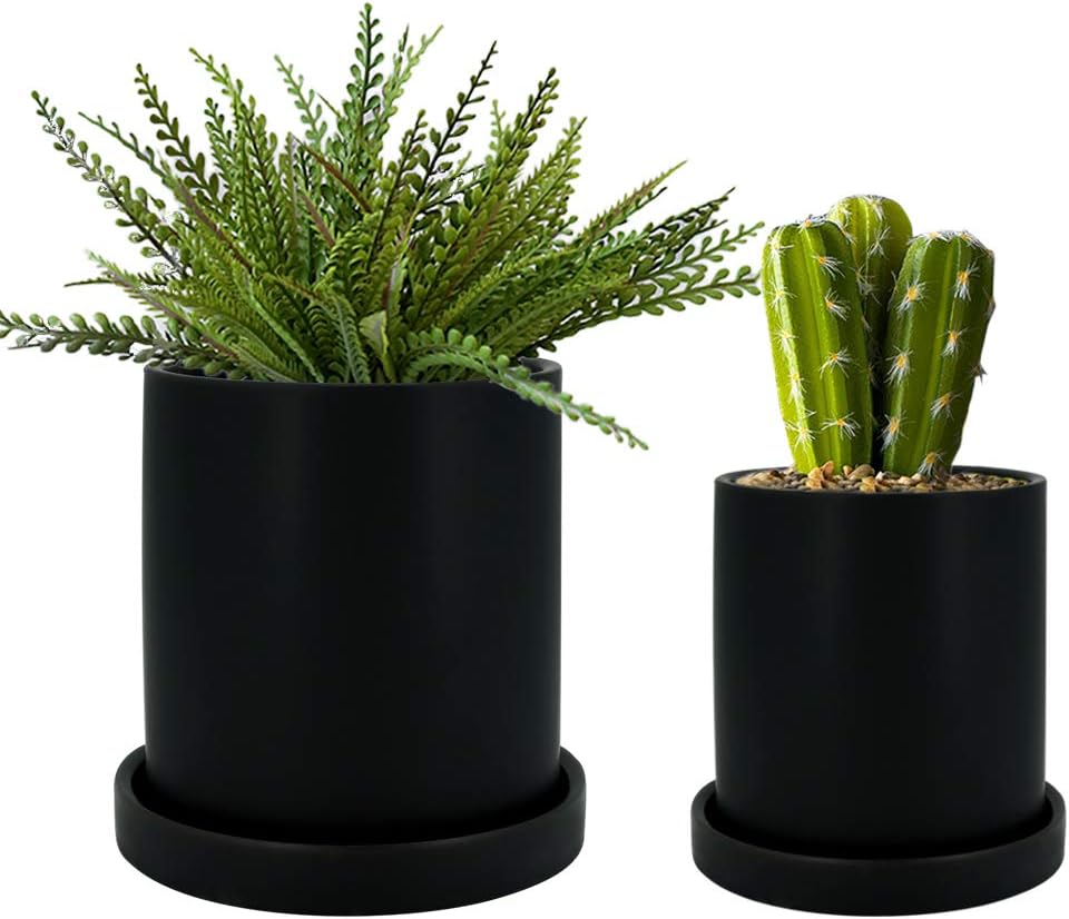 GeLive Set of 2 Matte Black Ceramic Succulent Planter, Cylinder Plant Flower Pot with Drainage Hole and Tray Saucer, Nordic Minimalism, Elegant Modern Home Decor (Small + Medium, Matte Black)