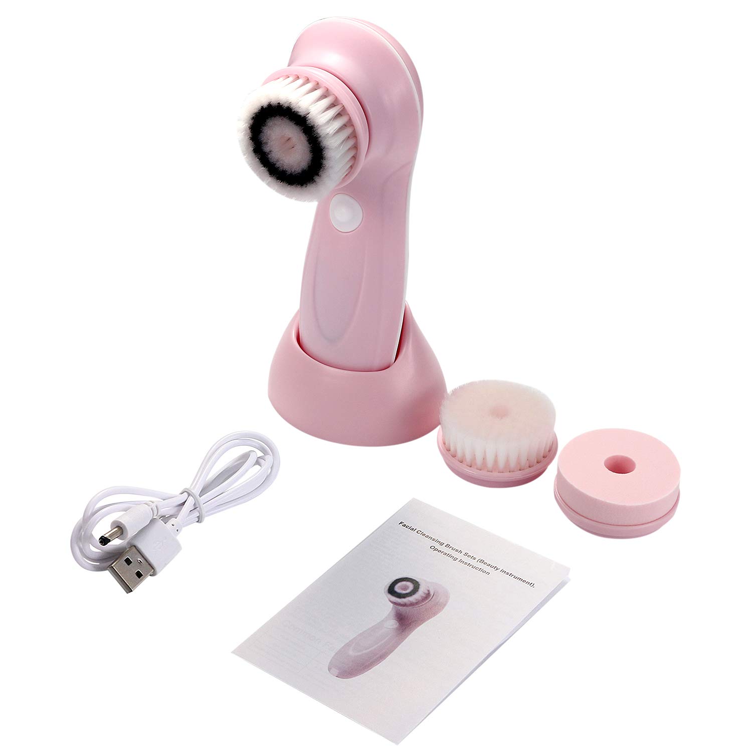 Vtrem Facial Cleansing Brush Rechargeable Waterproof Electric Rotating Face Scrubber with 3 Brush Heads & 2 Speed Rotation - Deep Cleansing, Gentle Exfoliating for All Skin Types, Pink