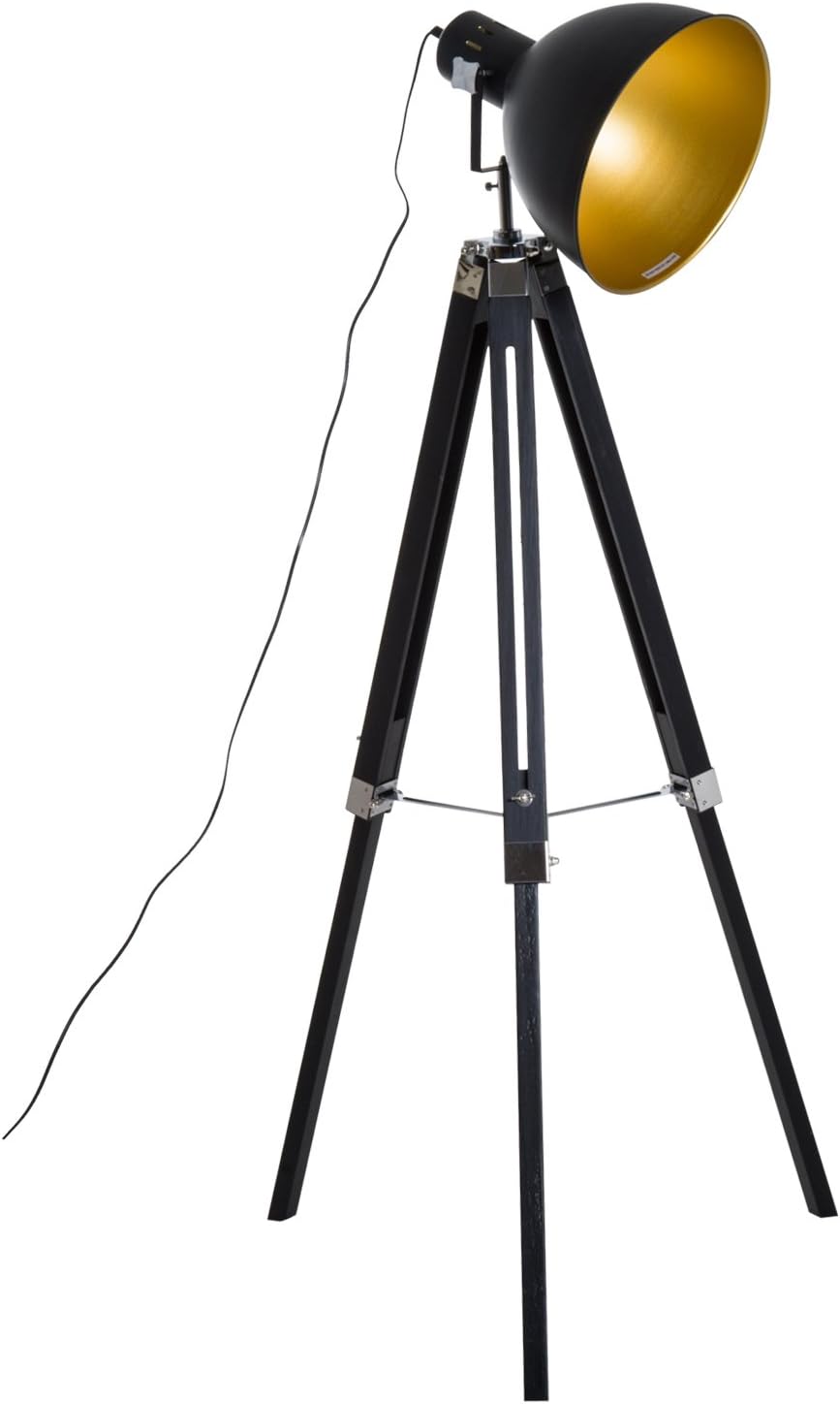 HOMCOM Industrial Floor Lamp for Living Room Tripod Spotlight Reading Lamp w/Wood Legs Metal Shade Adjustable Height Angle for Bedroom Home Office Black and Gold