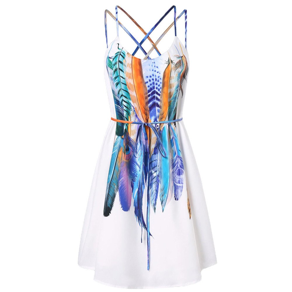Fxbar Women Colored Feathers Pattern Dress Cami Strap Tops Blouse Casual Printed Party Beach Dresses