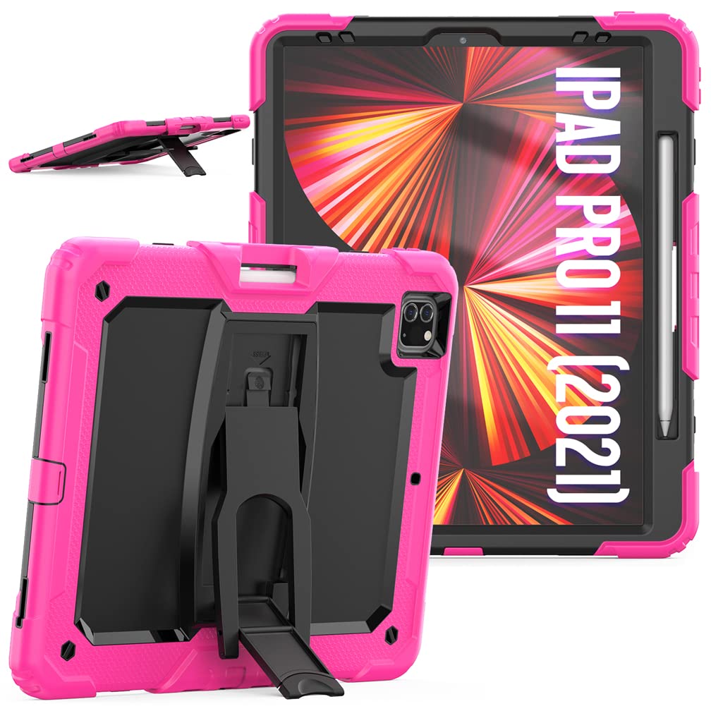 Case Compatible with iPad Pro 5/4/3 Generation 12.9 Inch 2021/2020/2018 with pencil holder, Heavy Duty Rugged Shockproof Protective Case with Invisible Kickstand, Rose
