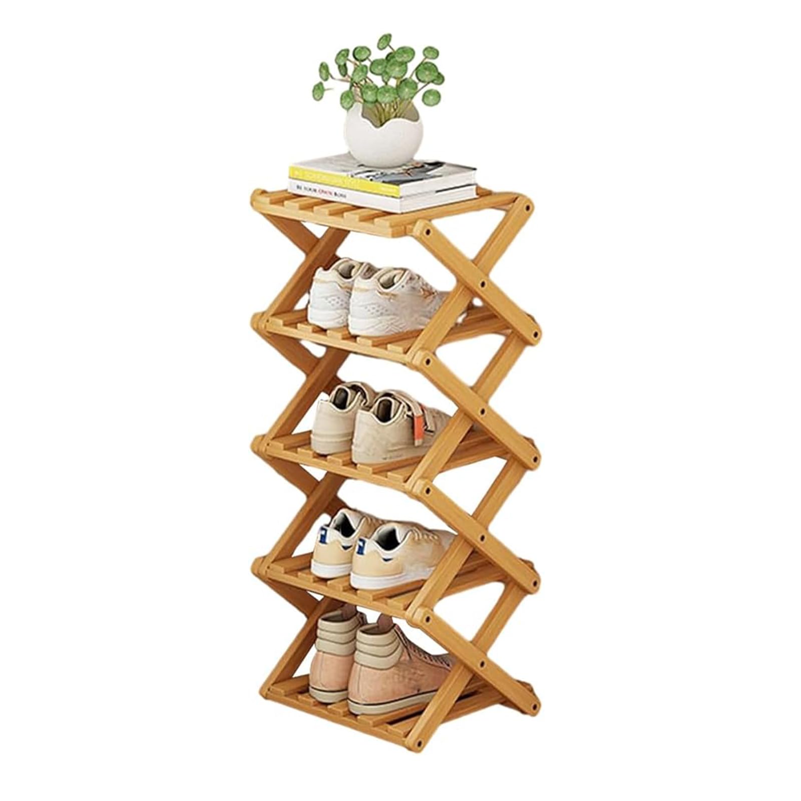 outer treasure Multi Tier Shoe Rack,Shoe Racks Storage,Narrow Shoe Rack,No Installation Foldable X Shape Shoe Racks,Multi layer Show Rack for Bathroom,Living Room Entryway (Natural Color-5 Tier)
