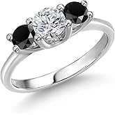 Gem Stone King 14K White Gold White Lab Grown Diamond & Black Onyx 3-Stone Engagement Ring | 0.94 Cttw | Round 5MM and 4MM | 3 Stone Wedding Anniversary Promise Ring For Women