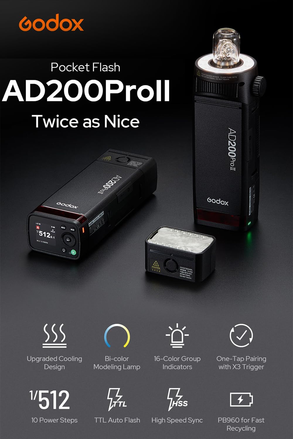 Godox AD200Pro Godox AD200 PRO II Outdoor Speedlite 200ws TTL HSS 1/8000s 2.4G Pocket Flash Strobe Monolight, Li-on Battery, 0.01-1.8s Recycling, 500 Full Power Flashes, Bare Bulb Head