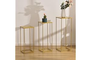 VINCIGANT Gold Pedestal Stand for Party ,Set of 3 Metal Plant Stand Tall Cake Cylinder Pedestal Stand for Wedding Flower Vase , Corner Planter Pot Rack for Living Room Patio Decor