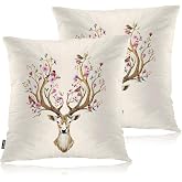 Swono Couch Pillow Cover Set of 2 Deer, Watercolor Deer Antler Cherry Flowers Bullfinch Decorative Throw Pillowcase Cushion Cover 18 X 18 Inch Throw Pillows Covers for Sofa Bedroom Car Living Room