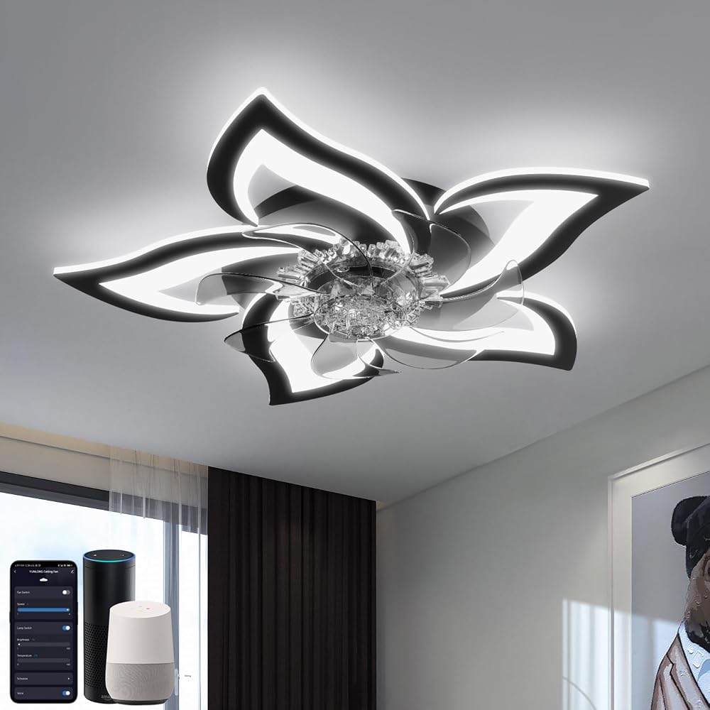 YUNLONG Smart Ceiling Fan with Lights Alexa Google Assistant Black