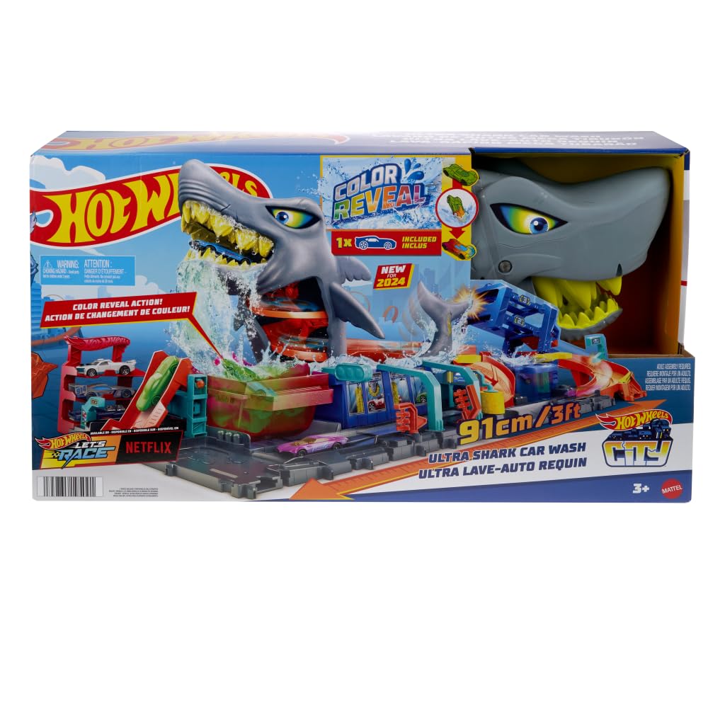 Hot Wheels City Track Set, Ultra Shark Car Wash with 1:64 Scale Color Reveal Toy Vehicle, Repeat Color-Change Feature, Storage