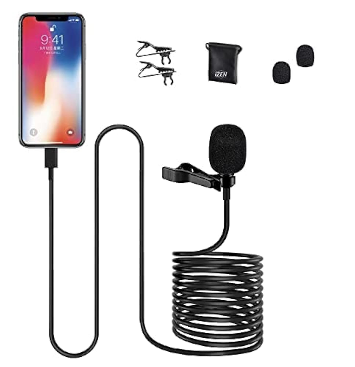 iZEN Professional Lavalier Microphone for iPhone - 19ft Lightning Connector Omnidirectional Clip-On Mic for YouTube Vlogging Interview Recording