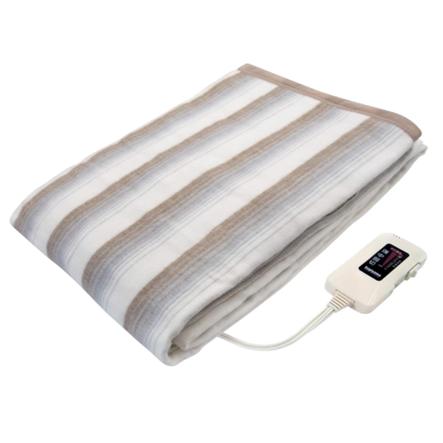 Sugiyama 電気毛布 日本製 電気かけしき毛布 188×130cm 丸洗いOK 頭寒足熱 ダニ退治 室温センサー スライド式無段階温度調節 NA-013K ストライプ柄（裏面ホワイト）暖房 節電 省エネ 電気代安い商品画像