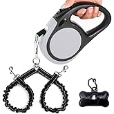 Dual Retractable Dog Leash for 2 Large Dogs (Up to 110 Lbs Each) - Double Headed 16 ft Extendable Pet Leash with Poop Bags, N