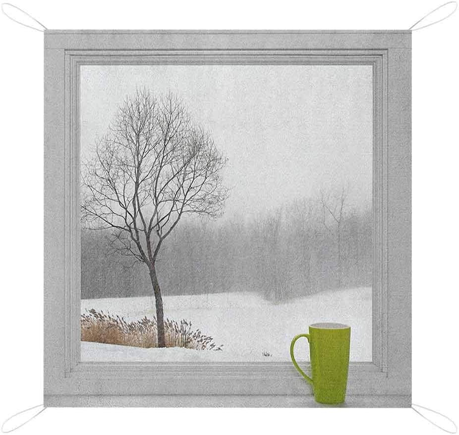 Nomorer Winter Beach Mat, Green Teacup on Windowsill Forest Outdoors Snowstorm Scenic Countryside Print Picnic Blanket, 60" x 57", Green Beige White