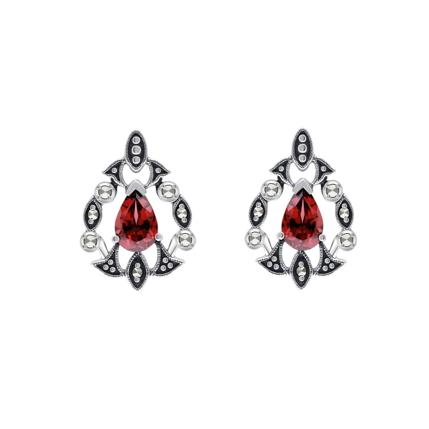 Esse Marcasite Sterling Silver Pear Cut Garnet & Marcasite Art Nouveau Earrings