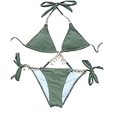 OYOANGLE Women's 2 Piece Bikini Set Halter String Bathing Suits Rhinestone Decor High Cut Swimwear