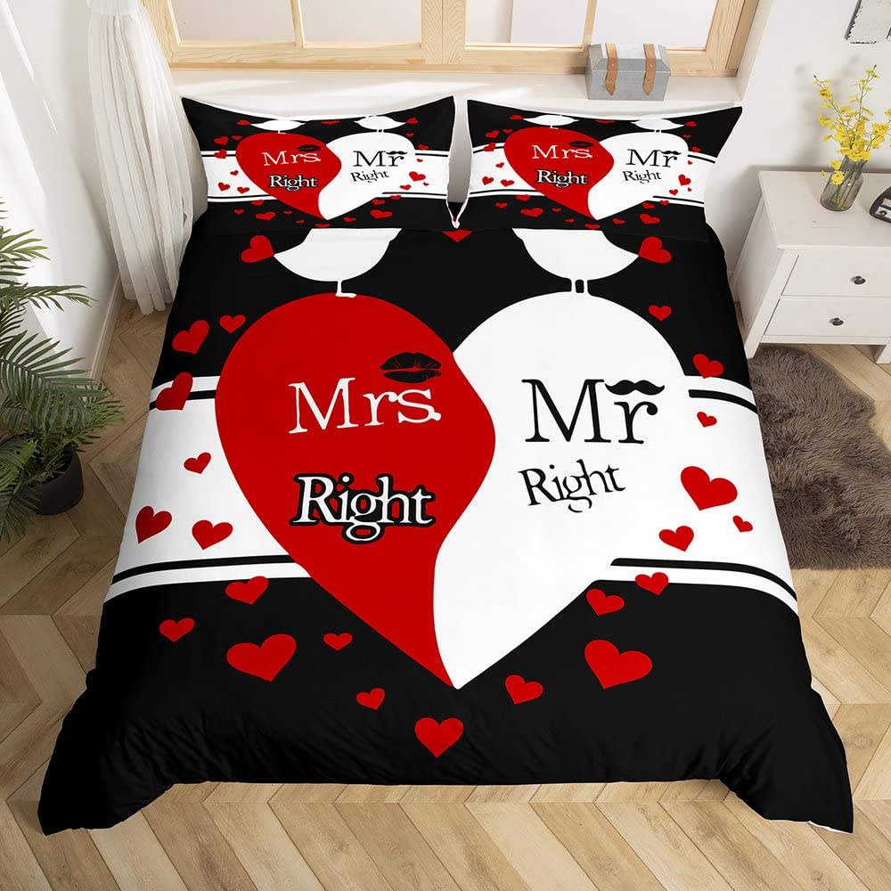 Mr Mrs Duvet Cover King and Queen Bedding Set for Couple Lover Men Women His and Her Comforter Cover Red Black White Romantic Wedding Bedspread Cover King Size — image 1