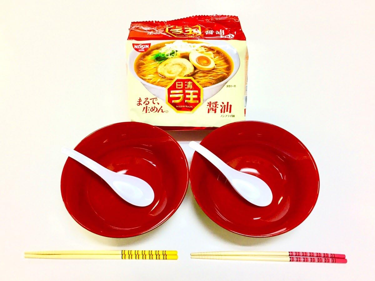 JapanStyle Japanese Ramen Donburi Bowl dia. 183cm 82g [Black x Vermilion ] x 2pcs/Renge Ramen Spoon x 2pcs/Chopsticks x 2 sets/Raoh Shoyu Soy Sauce [5pcs]/ Ready-for-Ramen Package SY