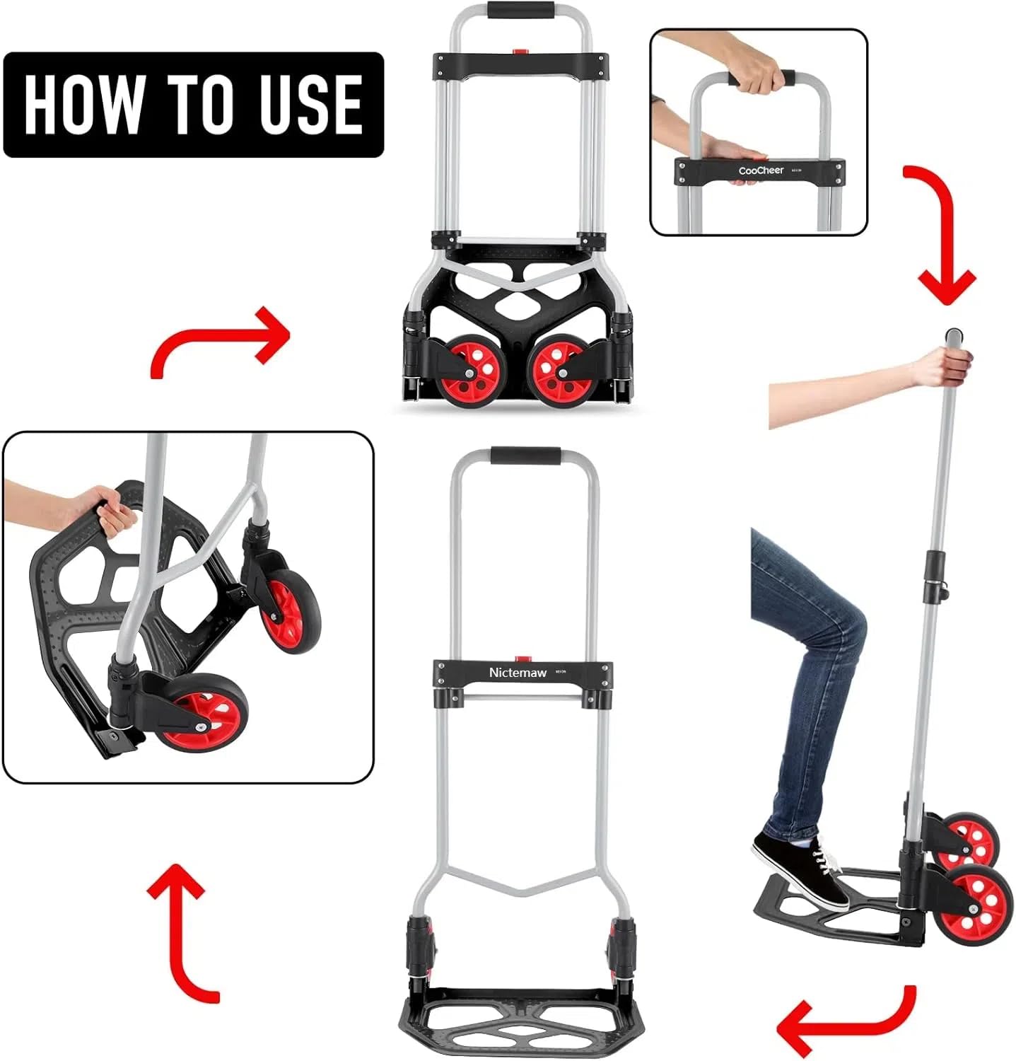 Nictemaw Carrello pieghevole in alluminio, manico telescopico 100 cm, uso industriale e domestico, capacità 100 kg, nero