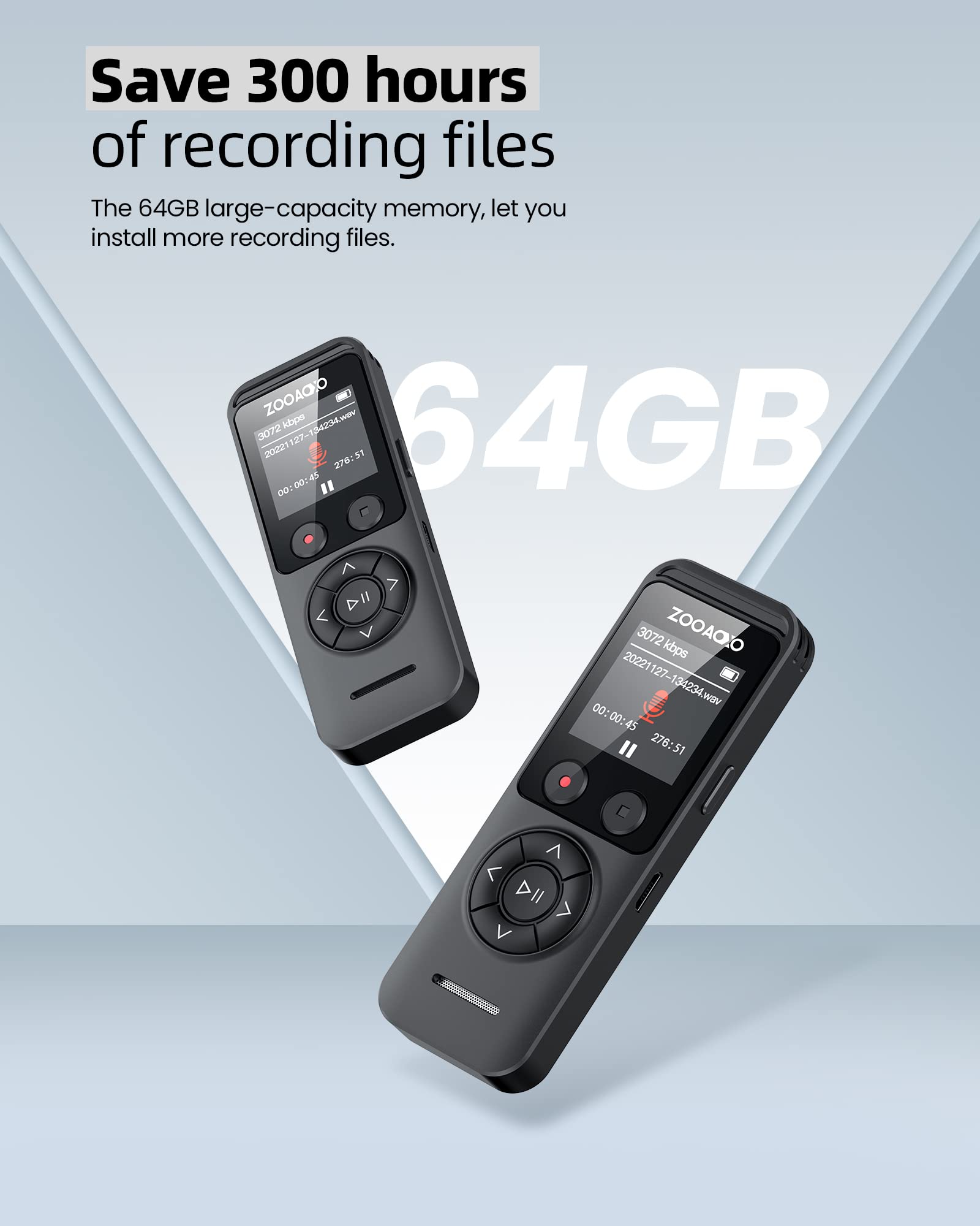 ZOOAOXO 64GB Digital Voice Recorder, Voice Recorder with Dual Microphone, 3072 kbps HD, A-B Repeat, Recording Monitoring, Noise Reduction, Voice Activated Recording